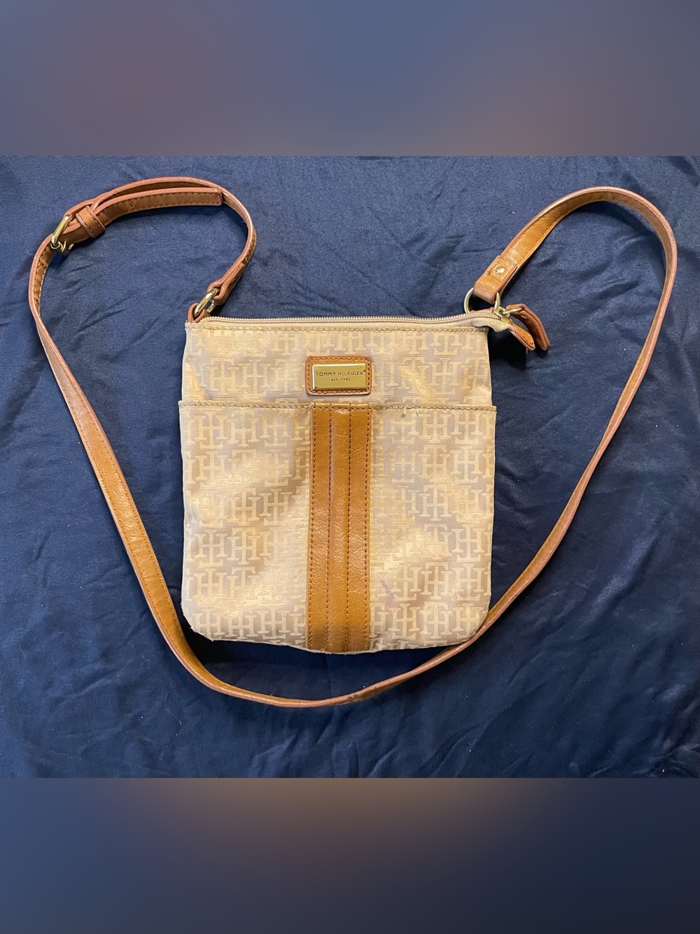Tommy Hilfiger Beige Monogram Crossbody with Brown Trim